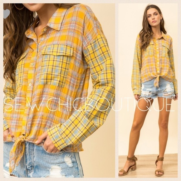 Mustard Plaid Contrast Front Tie Pocket Shirt - Picture 5 of 8